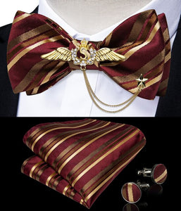 Bow Ties Self Tie Men's Fashion Gold Paisley Wedding Party Bowtie 100%Silk Men Butterfly Hanky Brooch Pin Cufflinks Set DiBanGu