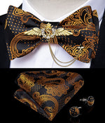 Load image into Gallery viewer, Bow Ties Self Tie Men&#39;s Fashion Gold Paisley Wedding Party Bowtie 100%Silk Men Butterfly Hanky Brooch Pin Cufflinks Set DiBanGu

