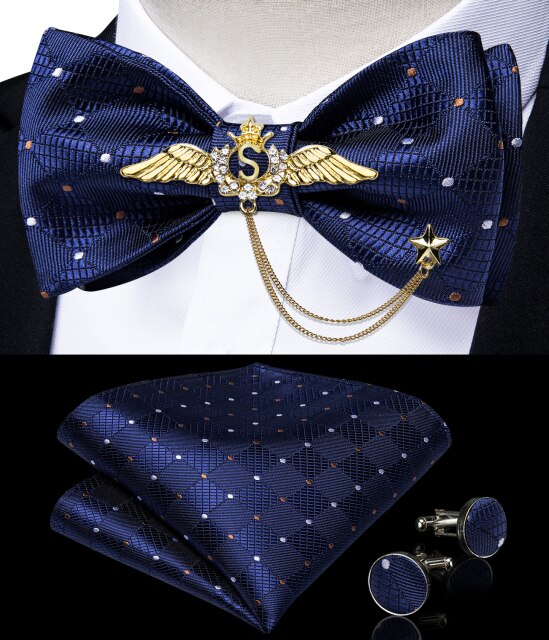 Bow Ties For Men Silk Bowties Cufflinks Handkerchief Set For Party Wedding Suit Accessories Man Tie Golden Brooch