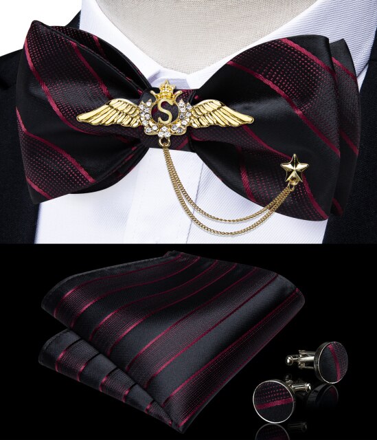 Bow Ties For Men Silk Bowties Cufflinks Handkerchief Set For Party Wedding Suit Accessories Man Tie Golden Brooch