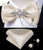 Load image into Gallery viewer, Bow Ties For Men Silk Bowties Cufflinks Handkerchief Set For Party Wedding Suit Accessories Man Tie Golden Brooch
