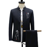 Load image into Gallery viewer, HGM Chinese Style Blazers Coat Men&#39;s Casual Stand Collar Embroidery Suits Pants Jacket Trouser 2pcs Set
