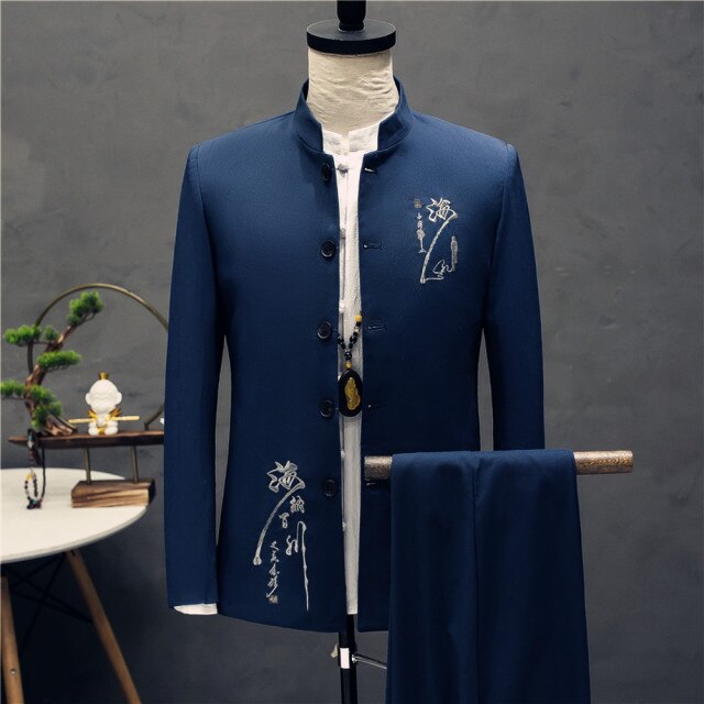 HGM Chinese Style Blazers Coat Men's Casual Stand Collar Embroidery Suits Pants Jacket Trouser 2pcs Set