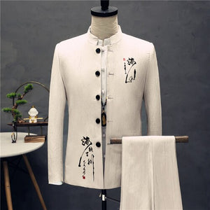 HGM Chinese Style Blazers Coat Men's Casual Stand Collar Embroidery Suits Pants Jacket Trouser 2pcs Set