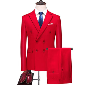 New Men's Business Double Breasted Solid Color Suit Coat Slim Wedding 2 Pieces Blazers Jacket Pants Trousers