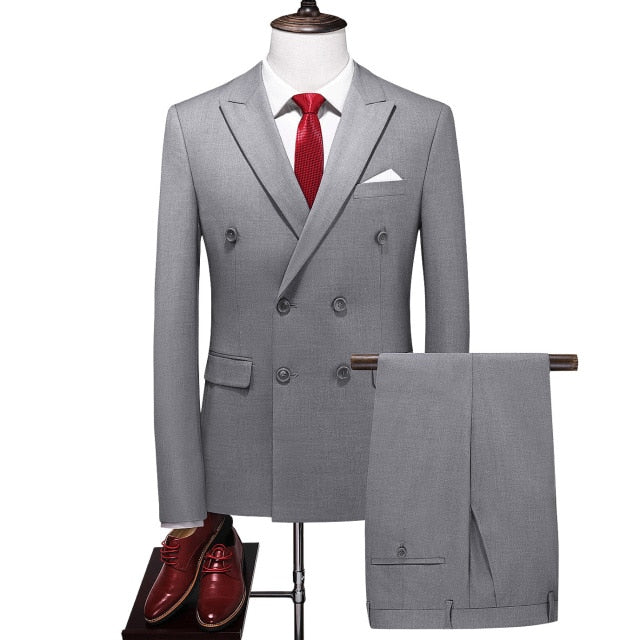 New Men's Business Double Breasted Solid Color Suit Coat Slim Wedding 2 Pieces Blazers Jacket Pants Trousers