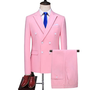 New Men's Business Double Breasted Solid Color Suit Coat Slim Wedding 2 Pieces Blazers Jacket Pants Trousers