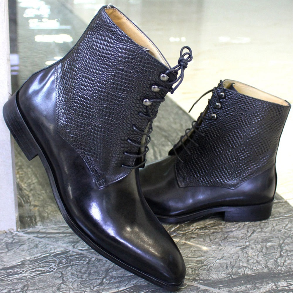 Italian Design Mens Ankle Boots Real Leather Lace Up Pointed Toe Snake Print Cowboy High Boots Wedding Party Men Shoes