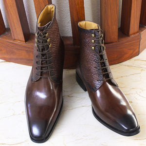 Italian Design Mens Ankle Boots Real Leather Lace Up Pointed Toe Snake Print Cowboy High Boots Wedding Party Men Shoes
