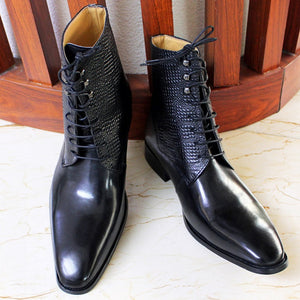 Italian Design Mens Ankle Boots Real Leather Lace Up Pointed Toe Snake Print Cowboy High Boots Wedding Party Men Shoes