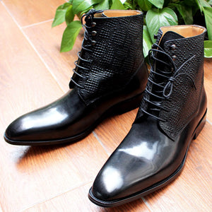 Italian Design Mens Ankle Boots Real Leather Lace Up Pointed Toe Snake Print Cowboy High Boots Wedding Party Men Shoes