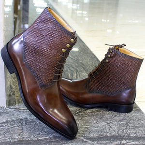 Italian Design Mens Ankle Boots Real Leather Lace Up Pointed Toe Snake Print Cowboy High Boots Wedding Party Men Shoes