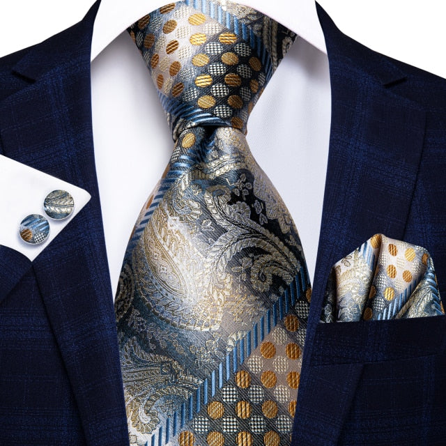 Hi-Tie Luxury Floral Paisley Men's Yellow Gold Tie Gravatar Silk Necktie For Men Business Wedding Necktie 8.5cm wide
