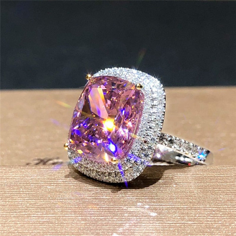 Personality Big Pink Cubic Zirconia Wedding Rings for Women Romantic Bridal Marriage Ceremony Party Rings Fashion Jewelry