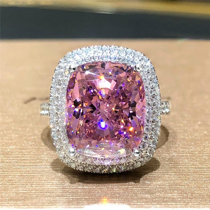 Personality Big Pink Cubic Zirconia Wedding Rings for Women Romantic Bridal Marriage Ceremony Party Rings Fashion Jewelry