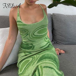 HGM Print Knit Bodycon Dress Women Hollow Out Sexy Sleeveless Spaghetti Strap Beach Midi Dresses