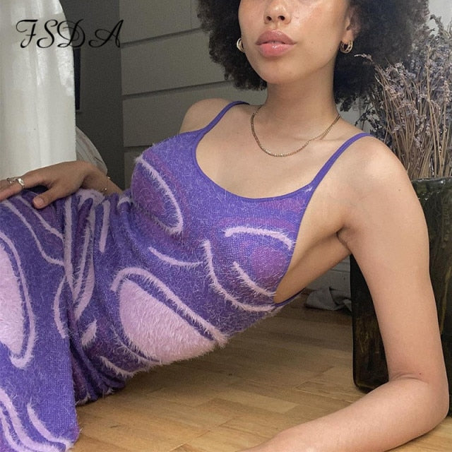 HGM Print Knit Bodycon Dress Women Hollow Out Sexy Sleeveless Spaghetti Strap Beach Midi Dresses