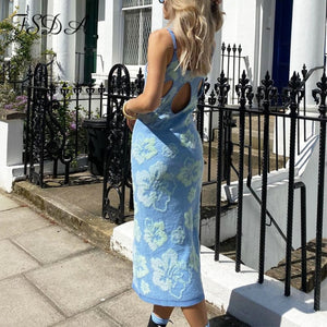 HGM Print Knit Bodycon Dress Women Hollow Out Sexy Sleeveless Spaghetti Strap Beach Midi Dresses