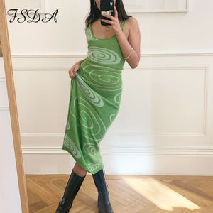 HGM Print Knit Bodycon Dress Women Hollow Out Sexy Sleeveless Spaghetti Strap Beach Midi Dresses