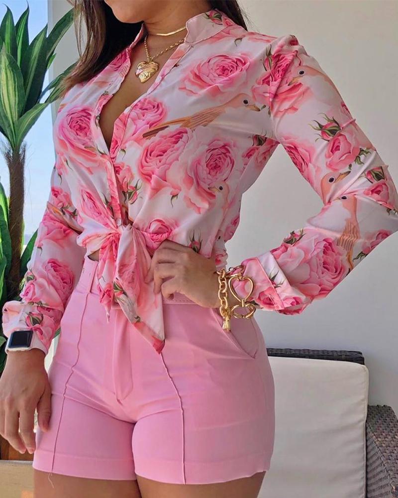 NEW Women Long Sleeve Floral Printed Tie Knot Top Blouse Casual Spring Shirts Female