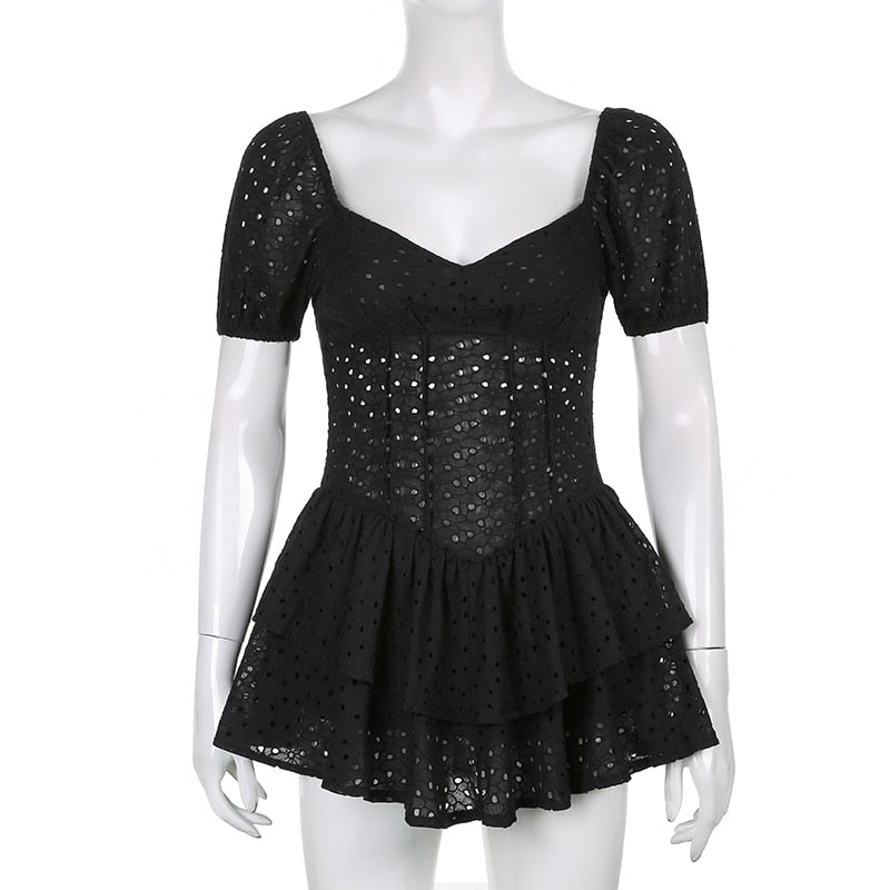 HGM Fashion V Neck Ruffles Pleated Dress Women Puff Sleeve Chic Black Summer Dress Party Hollow Out Vintage Corset Ladies