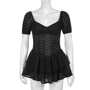 HGM Fashion V Neck Ruffles Pleated Dress Women Puff Sleeve Chic Black Summer Dress Party Hollow Out Vintage Corset Ladies