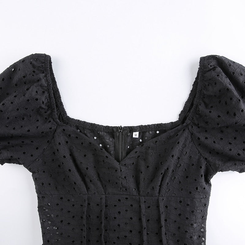 HGM Fashion V Neck Ruffles Pleated Dress Women Puff Sleeve Chic Black Summer Dress Party Hollow Out Vintage Corset Ladies