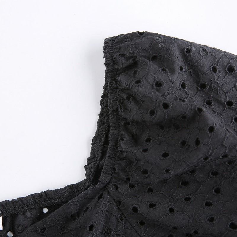 HGM Fashion V Neck Ruffles Pleated Dress Women Puff Sleeve Chic Black Summer Dress Party Hollow Out Vintage Corset Ladies