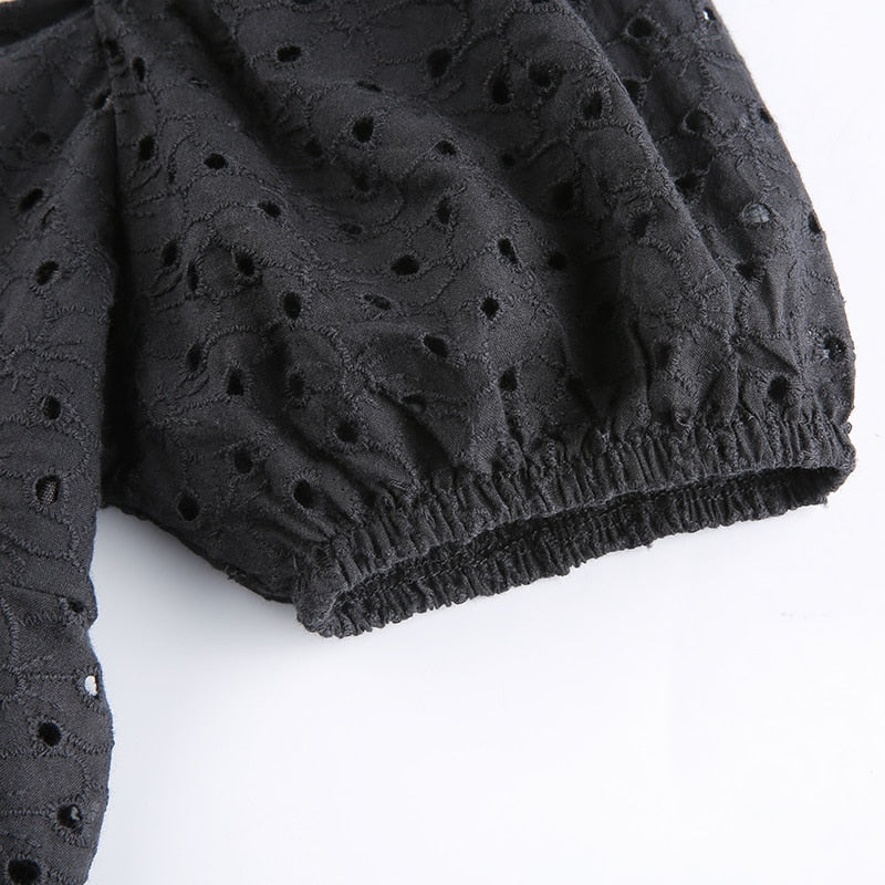 HGM Fashion V Neck Ruffles Pleated Dress Women Puff Sleeve Chic Black Summer Dress Party Hollow Out Vintage Corset Ladies