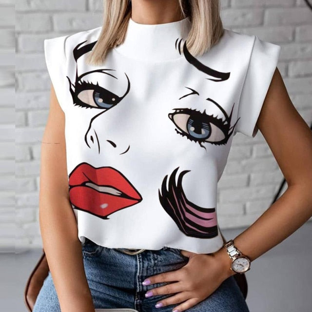 Elegant Women Chain Print Blouse Shirts New Summer Casual Stand Neck Pullovers Tops