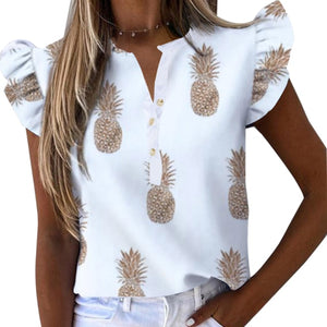 Elegant Women Chain Print Blouse Shirts New Summer Casual Stand Neck Pullovers Tops