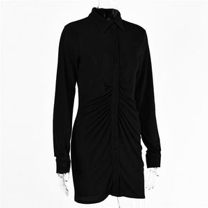 HGM Ruched Long Sleeve Bodycon Dress Women Turn-Down Collar Sexy Mini Dress Female Button Slim Party Vestidos