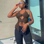 Load image into Gallery viewer, Sexy Ruffles Cut Out White Tank Tops Bandage Hollow Out Halter Tops Drawstring Clubwear

