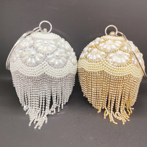 Round Circular Gold Diamond Tassel Bridal  Women Evening Party Crystal Clutch Bag Wedding Wristlets Purse