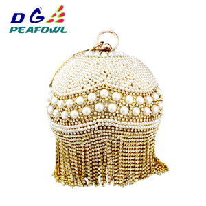 Round Circular Gold Diamond Tassel Bridal  Women Evening Party Crystal Clutch Bag Wedding Wristlets Purse