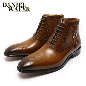 Luxury Men Ankle Boots Genuine Leather Shoes Fashion Printed Medallion Lace Up Pointed Toe Dress Wedding Office Basic Boots