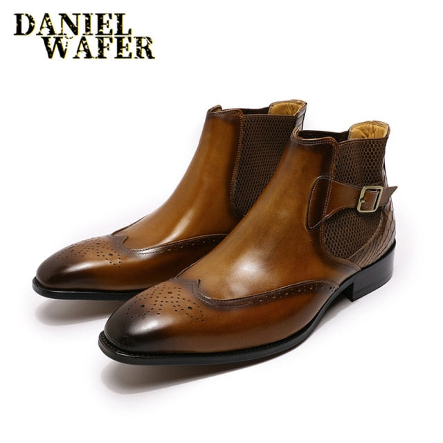 Luxury Chelsea Boots Genuine Leather Men Ankle Boots High-Grade Slip-on Buckle Strap Wingtip Boots