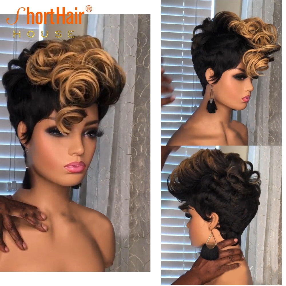 Ombre Blonde Color Short Pixie Cut Bob Wig Wave Way For Black Women No Lace Wig Human Hair Wigs Highlight