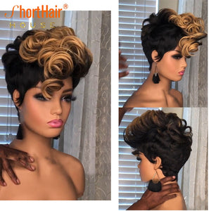 Ombre Blonde Color Short Pixie Cut Bob Wig Wave Way For Black Women No Lace Wig Human Hair Wigs Highlight