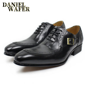 LUXURY LEATHER MEN SHOES LACE-UP BUCKLE STRAP POINTED OXFORD SHOES