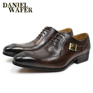 LUXURY LEATHER MEN SHOES LACE-UP BUCKLE STRAP POINTED OXFORD SHOES