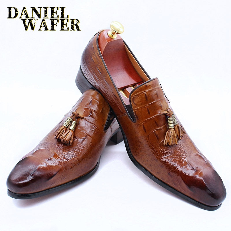 Luxury Men's Leather Dress Shoes Crocodile Prints Casual Men Shoes Slip On Tassels Loafers Office Wedding Shoes
