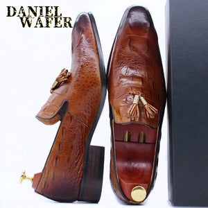 Luxury Men's Leather Dress Shoes Crocodile Prints Casual Men Shoes Slip On Tassels Loafers Office Wedding Shoes