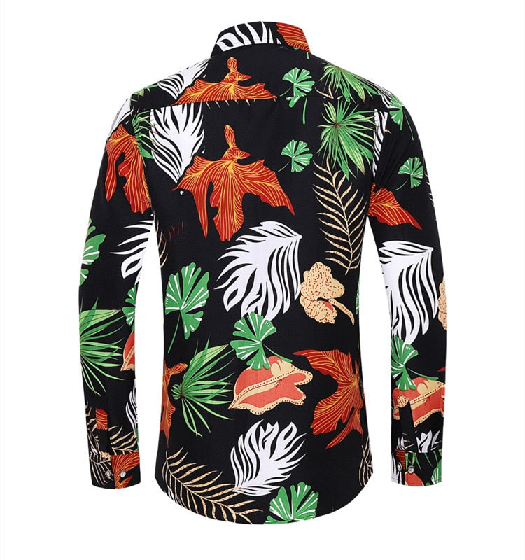 HGM men long-sleeved shirt fashion rose plant flower printed shirt
