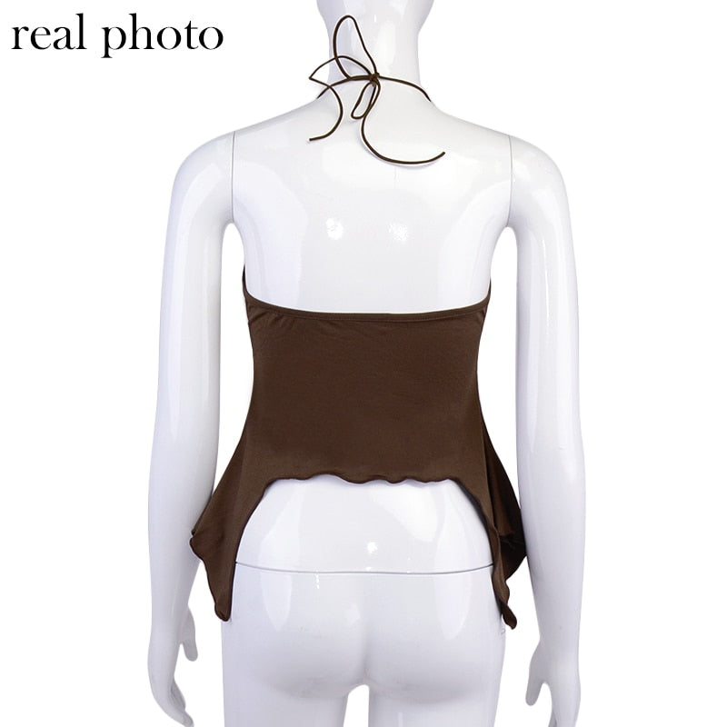 Sexy Ruffles Cut Out White Tank Tops Bandage Hollow Out Halter Tops Drawstring Clubwear