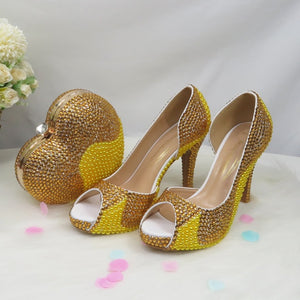 HGM Crystal Yellow Peep Toe Women Sandals Wedding Shoes and bag Bride High Hells Ladies Party Dress Shoe Golden Pumps