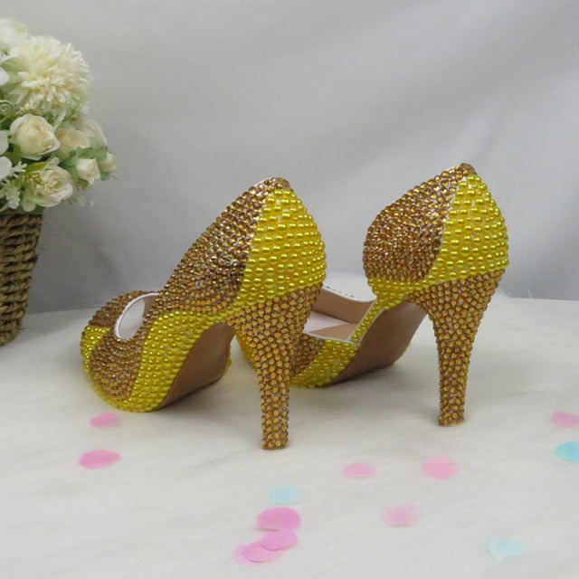 HGM Crystal Yellow Peep Toe Women Sandals Wedding Shoes and bag Bride High Hells Ladies Party Dress Shoe Golden Pumps