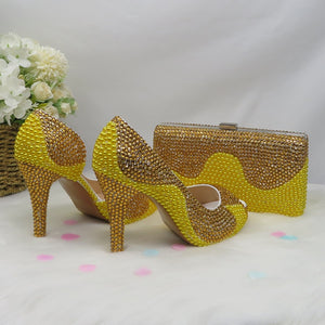 HGM Crystal Golden Women Party Dress Shoes Peep Toe Ladies Sandals Wedding Shoes and bag Bride High Hells