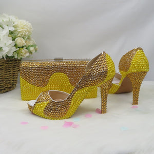 HGM Crystal Golden Women Party Dress Shoes Peep Toe Ladies Sandals Wedding Shoes and bag Bride High Hells
