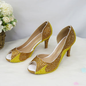 HGM Crystal Golden Women Party Dress Shoes Peep Toe Ladies Sandals Wedding Shoes and bag Bride High Hells